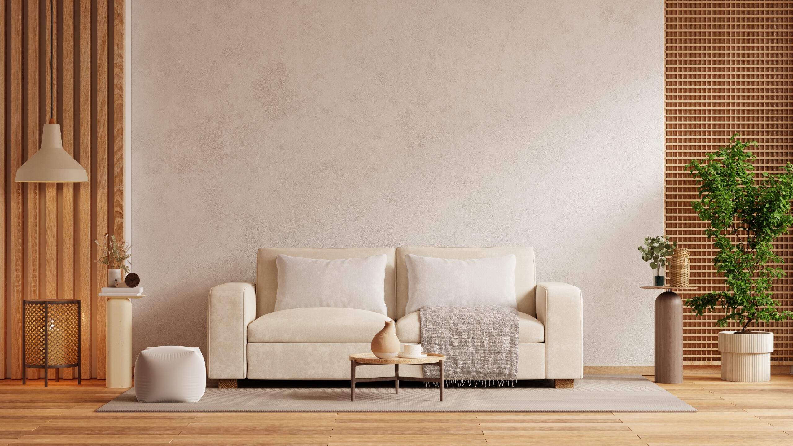 Scandinavian home living room interior with sofa and decor acces Scandinavian home living room interior with sofa and decor accessories on concrete wall- 3D rendering