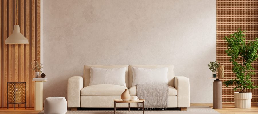 Scandinavian home living room interior with sofa and decor acces Scandinavian home living room interior with sofa and decor accessories on concrete wall- 3D rendering